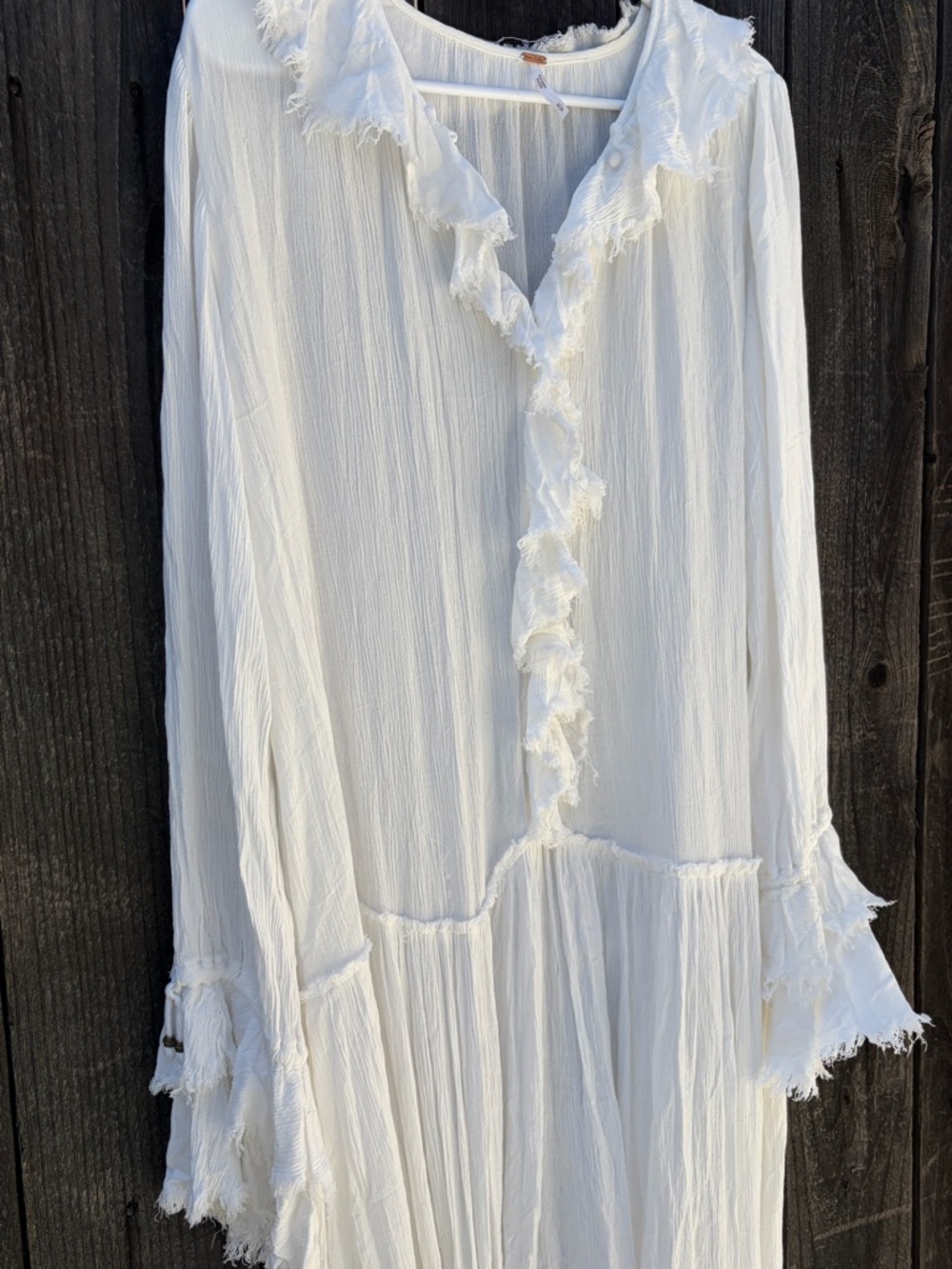 Free People White Boho Maxi Dress Medium Long Sleeve Ruffle Raw Hem Festival - Picture 2 of 10